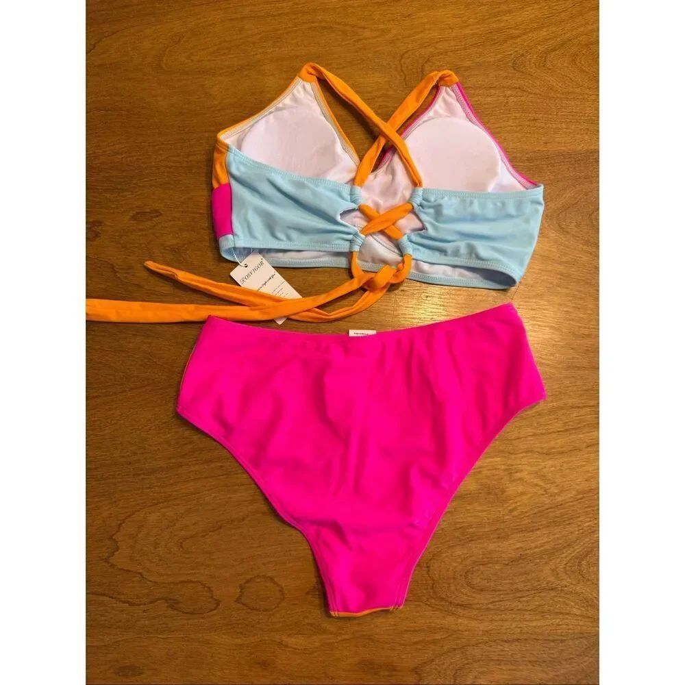 NWT Rosvigor Women's High Waisted Colorblock Bikini Set Pink Orange Blue Medium - Picture 5 of 6